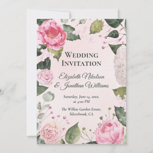 Romantic Pink Roses Wedding Invitation Kaart (Voorkant)