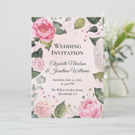 Romantic Pink Roses Wedding Invitation Kaart (Staand voorkant)