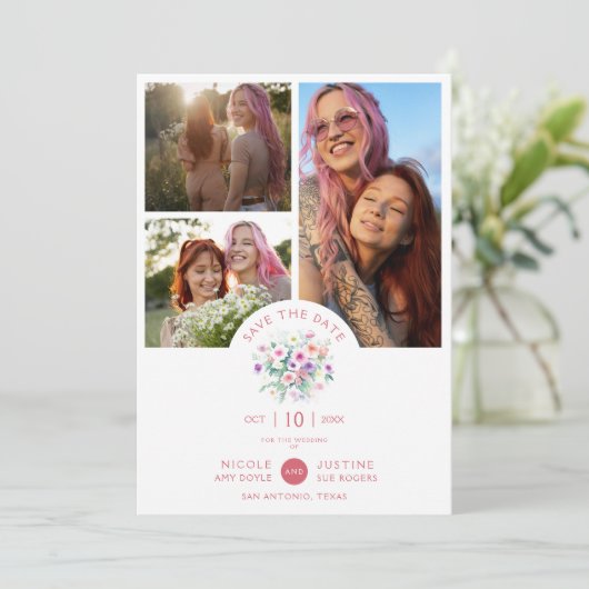 Romantic Pink Shades Botanical Bunch 3 Multi photo Save The Date (Staand voorkant)