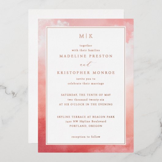 Romantic Pink Watercolor Folie Uitnodiging (Voorkant / Achterkant)