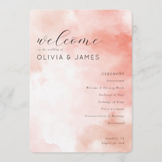 Romantic Pink Watercolor Wedding Schedule Programmakaart (Voorkant)
