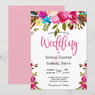 Romantic Pink Waterverf Floral Typography Wedding Kaart