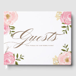 Romantic Pink Waterverf Flowers Wedding Guestbook Gastenboek