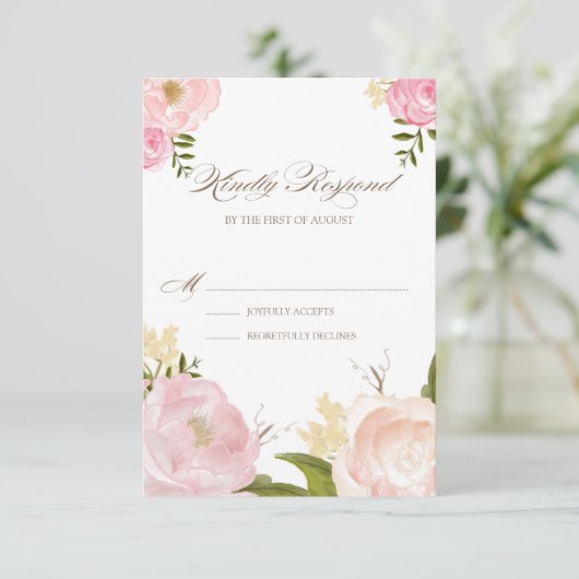 Romantic Pink Waterverf Flowers Wedding RSVP Kaart (Staand voorkant)