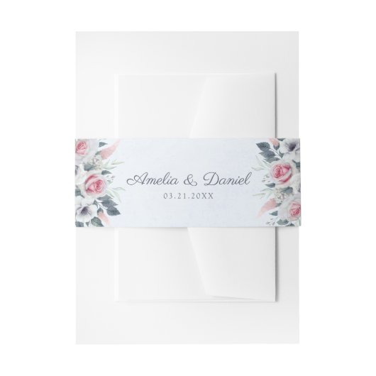 Romantic Pink Waterverf Rozen Blue Wedding Uitnodigingen Wikkel (Voorkant Voorbeeld)