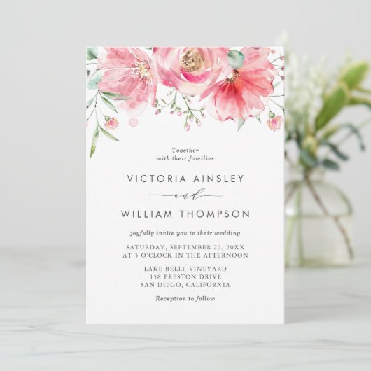 Romantic Pink Waterverf Rozen Floral Wedding Kaart (Staand voorkant)