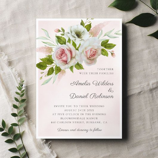 Romantic Pink Waterverf Rozen Floral Wedding Kaart