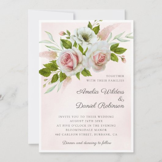 Romantic Pink Waterverf Rozen Floral Wedding Kaart (Voorkant)
