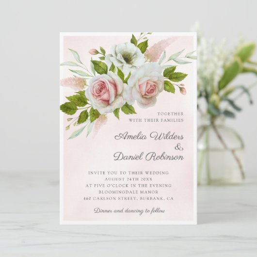 Romantic Pink Waterverf Rozen Floral Wedding Kaart (Staand voorkant)