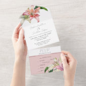 Romantic Pink & White Lilies op Blush All In One Uitnodiging (Afscheurbaar)