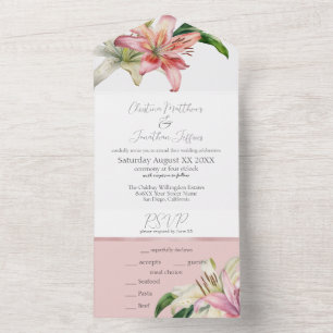 Romantic Pink & White Lilies op Blush All In One Uitnodiging