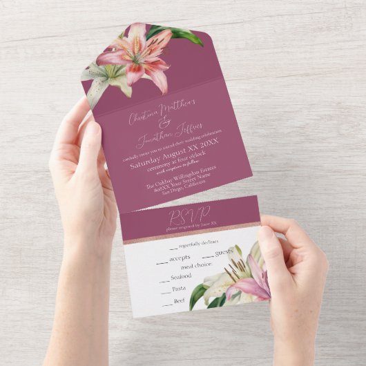 Romantic Pink & White Lilis on Fuchsia All In One Uitnodiging (Afscheurbaar)