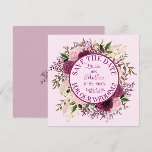Romantic Plum Burgundy Blush Pink Floral Save The Date (Voorkant / Achterkant)