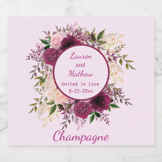 Romantic Plum Burgundy, Blush Pink op maat Sparkling Wijnetiket (Enkel label)