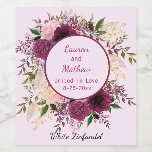 Romantic Plum Burgundy, Blush Pink op maat Wijn Etiket (Enkel label)