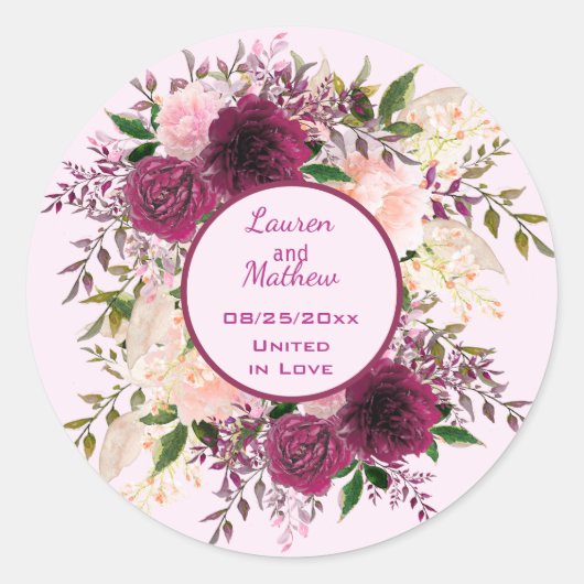 Romantic Plum Burgundy en Blush Pink Floral Ronde Sticker (Voorkant)