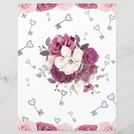 Romantic Plum Floral & Silver Keys Scrapbook Paper
