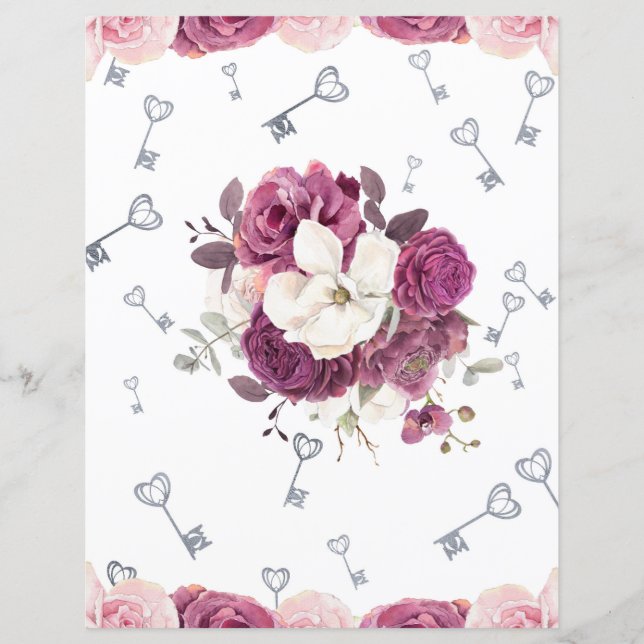 Romantic Plum Floral & Silver Keys Scrapbook Paper (Voorkant)