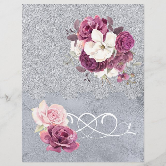 Romantic Plum Floral & Silver Lace Scrapbook Paper (Voorkant)