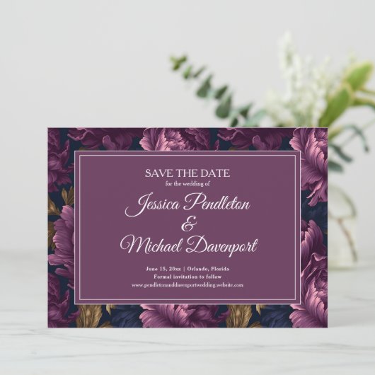 Romantic Plum Floral Wedding Save Date Save The Date (Staand voorkant)
