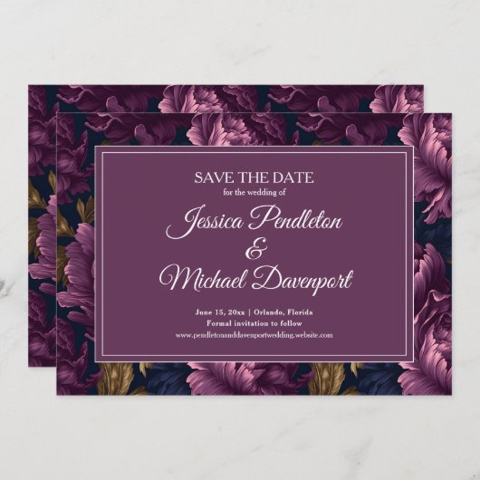 Romantic Plum Floral Wedding Save Date Save The Date (Voorkant / Achterkant)
