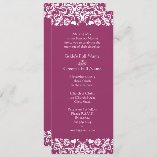 Romantic Plum Heart Damask Wedding Invitations Kaart (Voorkant / Achterkant)