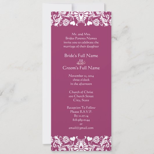 Romantic Plum Heart Damask Wedding Invitations Kaart (Voorkant)