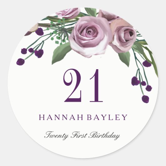 Romantic Plum Paars Roos Floral 21st Birthday Ronde Sticker (Voorkant)