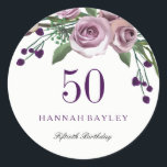 Romantic Plum Paars Roos Floral 50th Birthday Ronde Sticker<br><div class="desc">Romantic Plum Paars Roos Floral 50th Birthday Party is voorstander van zeehondenjacht Matching Invitation en nog veel meer in Niche en Nest store. Ontwerp met dank aan: https://www.etsy.com/shop/SmallHouseBigPony</div>