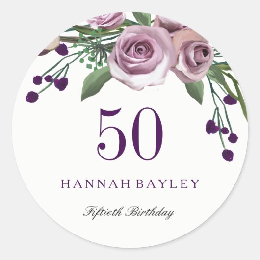 Romantic Plum Paars Roos Floral 50th Birthday Ronde Sticker (Voorkant)