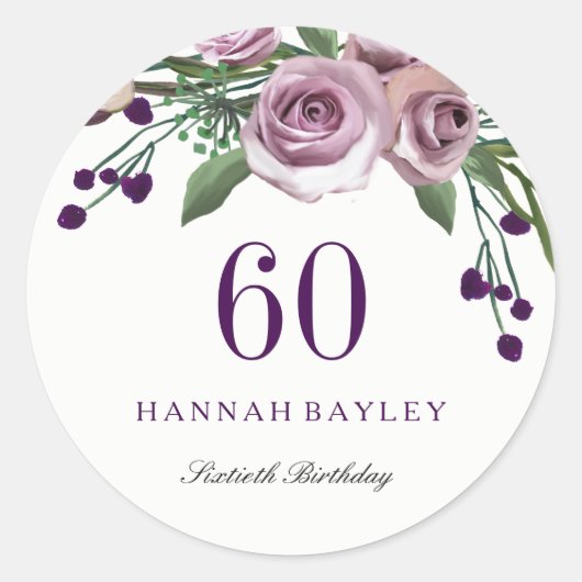 Romantic Plum Paars Roos Floral 60th Birthday Ronde Sticker (Voorkant)