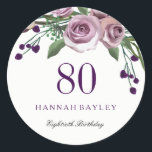 Romantic Plum Paars Roos Floral 80th Birthday Ronde Sticker<br><div class="desc">Romantic Plum Paars Roos Floral 80th Birthday Party is voorstander van zeehondenjacht Matching Invitation en nog veel meer in Niche en Nest store. Ontwerp met dank aan: https://www.etsy.com/shop/SmallHouseBigPony</div>