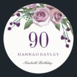 Romantic Plum Paars Roos Floral 90th Birthday Ronde Sticker<br><div class="desc">Romantic Plum Paars Roos Floral 90th Birthday Party is voorstander van zeehondenjacht Matching Invitation en nog veel meer in Niche en Nest store. Ontwerp met dank aan: https://www.etsy.com/shop/SmallHouseBigPony</div>