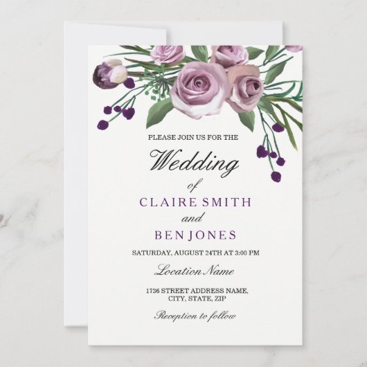 Romantic Plum Paars Roos Floral Wedding Invite Kaart (Voorkant)