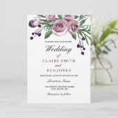 Romantic Plum Paars Roos Floral Wedding Invite Kaart (Staand voorkant)