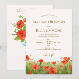 Romantic Poppy Floral Red Wedding Invitation Save The Date