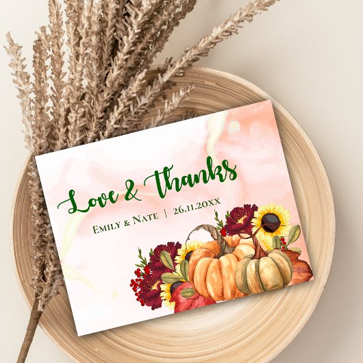 Romantic Pumpkin Autumn Leaves Fall Wedding Bedankkaart