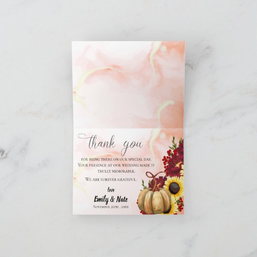 Romantic Pumpkin Autumn Leaves Fall Wedding Bedankkaart (Binnen)