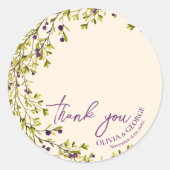 Romantic Purple & Blue Floral Wedding Thank You Ronde Sticker (Voorkant)