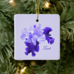 Romantic Purple Flag Iris Customized Keramisch Ornament<br><div class="desc">This design features a romantic purple flag iris with your name or other message against a pale purple background. Type the information you want in the Personalized section, such as a name, initials, or year. I love the near luminescence and diverse textures and shapes in iris blooms. The purple falls...</div>