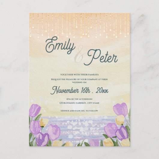 Romantic Purple Floral Beach Sunset Wedding Invite Briefkaart (Voorkant)