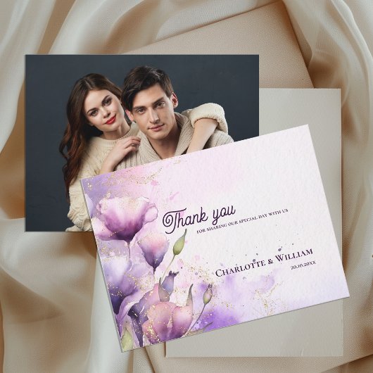 Romantic Purple Floral Photo Wedding Thank You Briefkaart