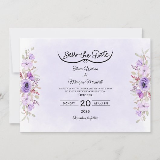 Romantic Purple Floral Wedding Save the Date Kaart (Voorkant)