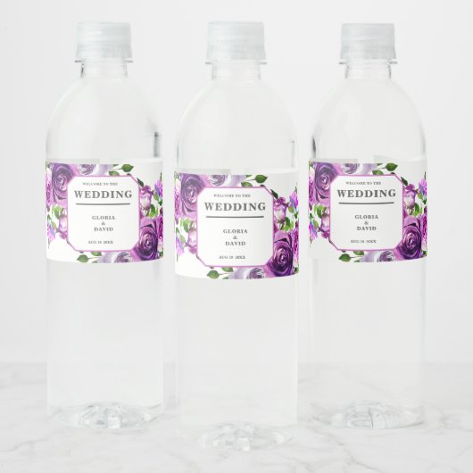 Romantic Purple Floral Wedding Wine Label Waterfles Etiket (Flessen)