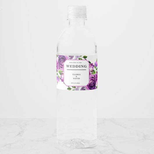 Romantic Purple Floral Wedding Wine Label Waterfles Etiket (Voorkant)