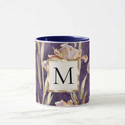 Romantic Purple Iris Floral Gold monogram Mok (Midden)