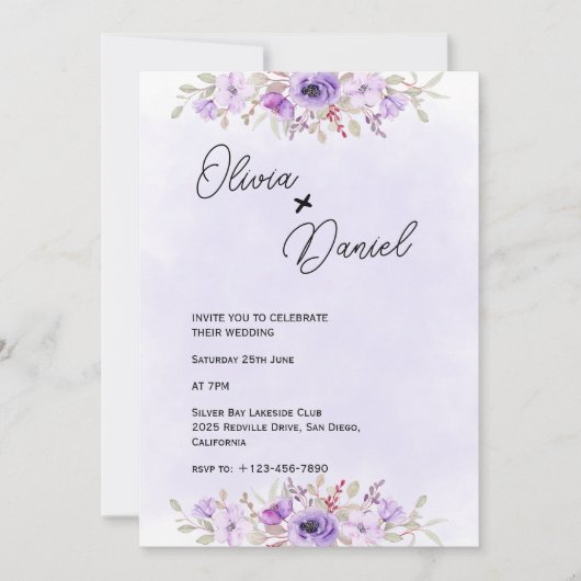 Romantic Purple Minimalist Floral Wedding  Kaart (Voorkant)