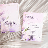 Romantic QR Code Lavender Gold Floral Wedding RSVP Kaartje