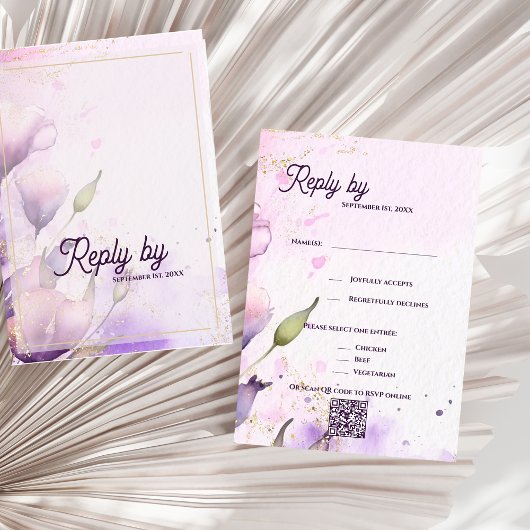 Romantic QR Code Lavender Gold Floral Wedding  RSVP Kaartje