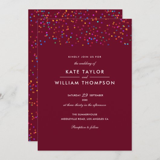Romantic Rainbow Confetti Burgundy Wedding Kaart (Voorkant / Achterkant)